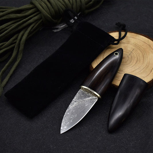 Mini Damascus Fixed Blade Knife Olive Design Ebony Wood Handle Sheath EDC Outdoor Tool Samurai Style EDC Camping, Hunting, Self-defense Tactics, Practical Survival