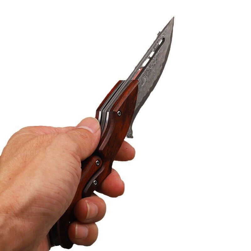 Cuchillo plegable portátil de alta dureza para exteriores con hoja de Damasco y mecanismo variable