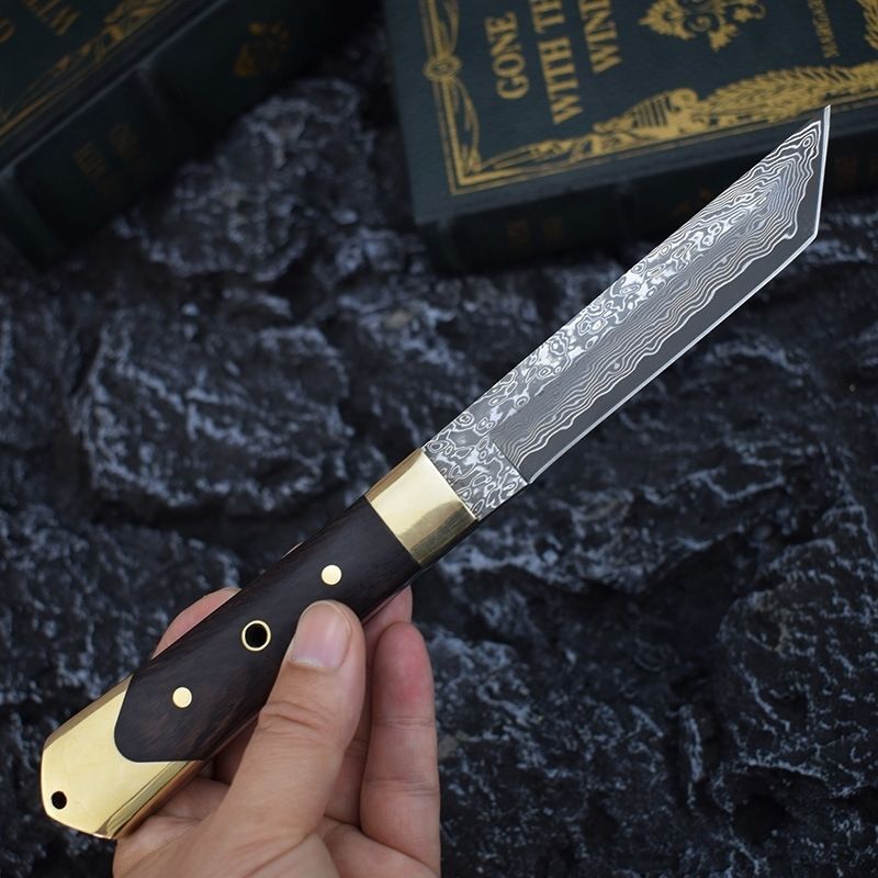 Damascus Steel Outdoor Knife Sandalwood Knife Sheath Kitchen Fruit Cutter Camping, Hunting, Self-defense Tactics, Practical Survival