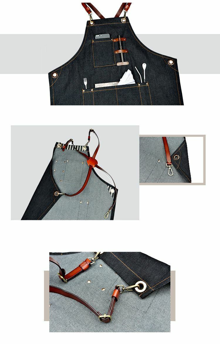 Denim Apron for Kitchen /Coffe Shop Studio Leather belt X Straps Custom Logo #B