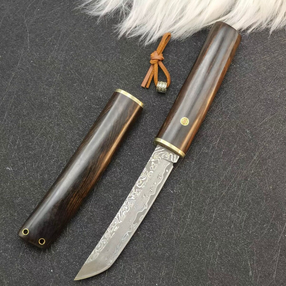 Damascus Outdoor Knife Ebony Handle Sharp Blade for Camping Hiking Camping, Hunting, Self-defense Tactics, Practical Survival