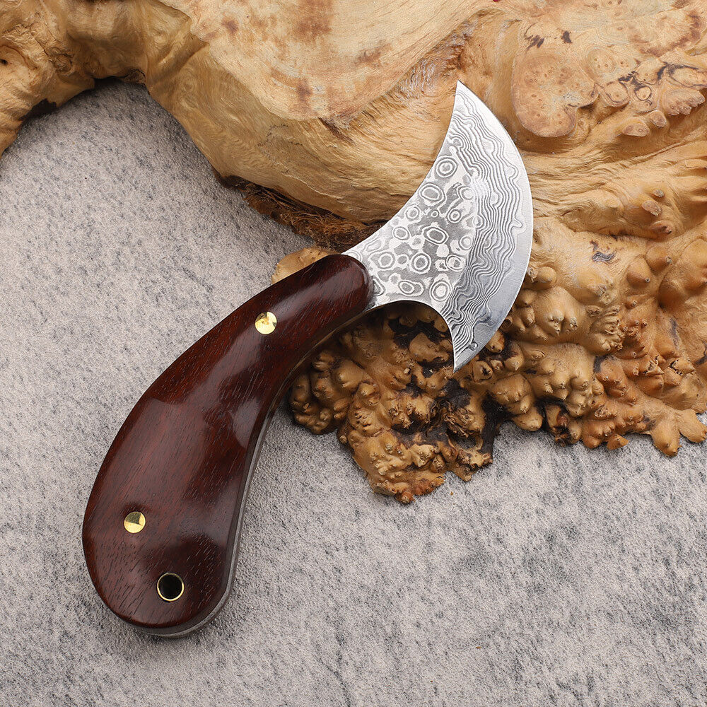 Kleines Damast-Messer mit rundem Kopf, Lederhandwerksschneider, Palisandergriff, EDC-Werkzeuge