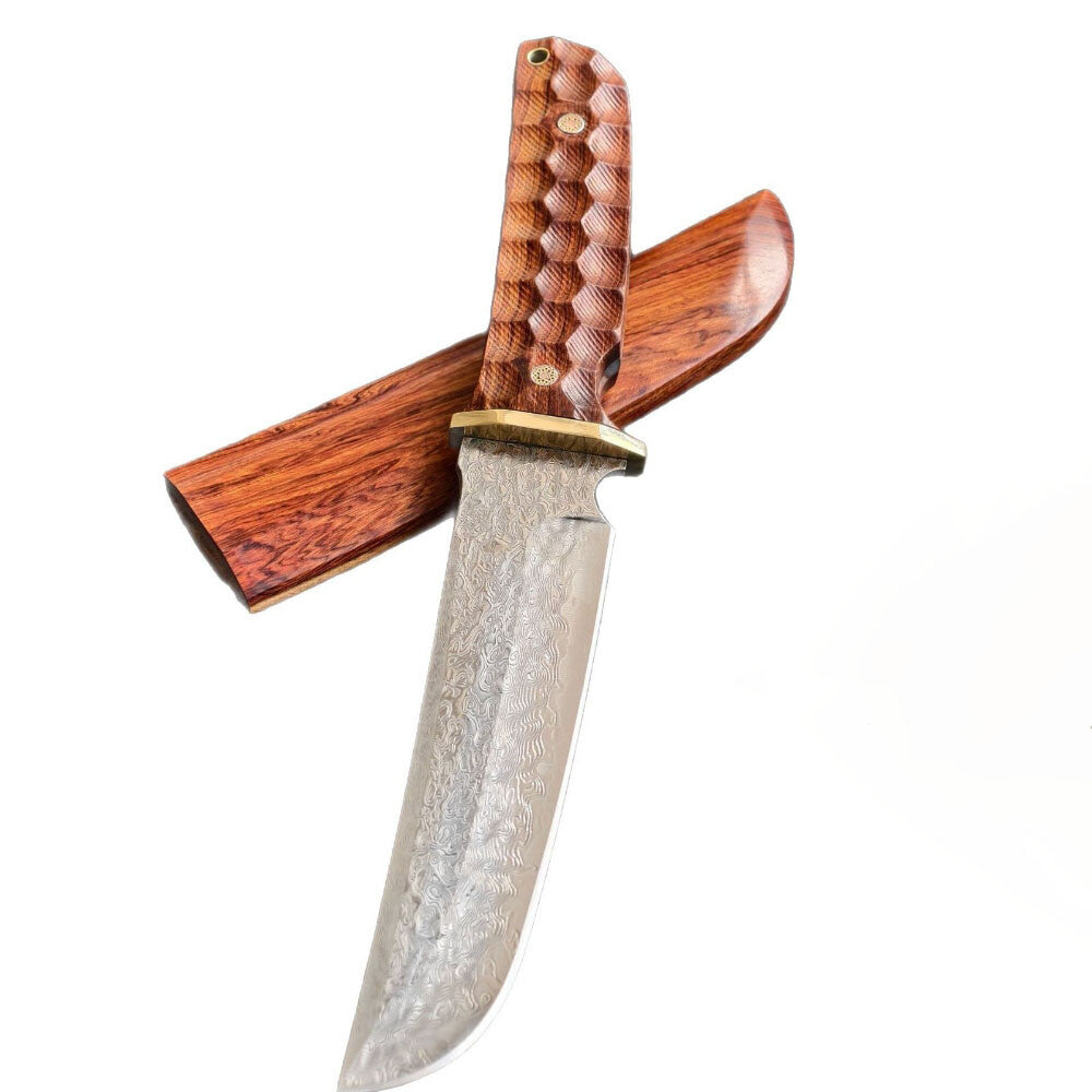 Hand Forged Damascus Outdoor Knife Japanese Samurai Survival Rosewood Handle Camping, Hunting, Self-defense Tactics, Practical Survival