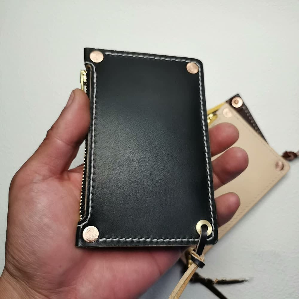 Handmade American Style Zipper Card Holder Coin Purse Genuine Leather Craft