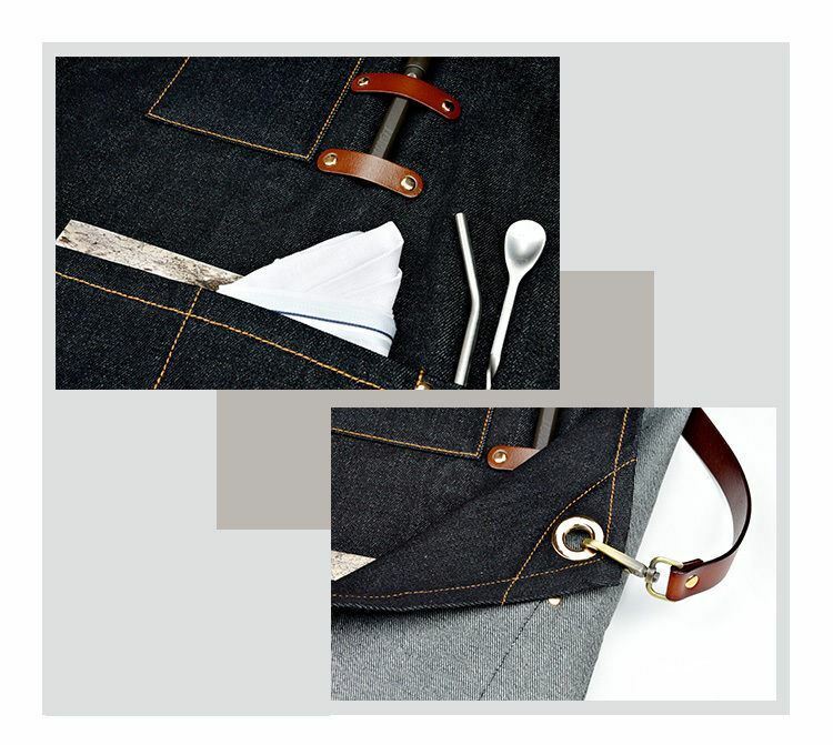 Denim Apron for Kitchen /Coffe Shop Studio Leather belt X Straps Custom Logo #B