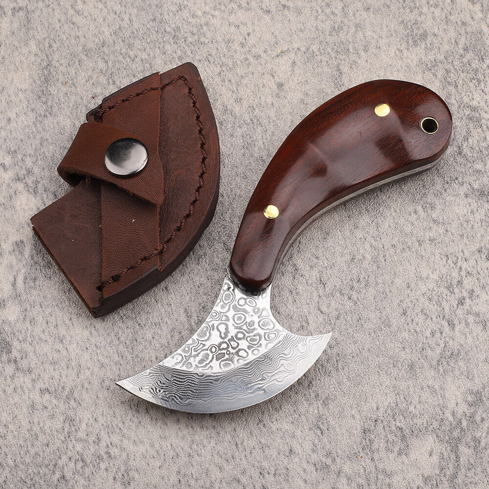 Kleines Damast-Messer mit rundem Kopf, Lederhandwerksschneider, Palisandergriff, EDC-Werkzeuge