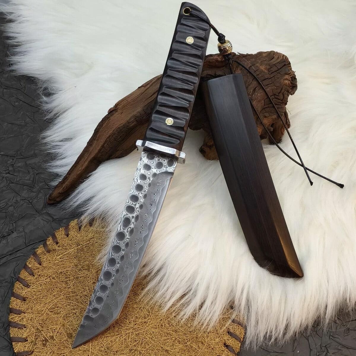 Forged Damascus Outdoor Fruit Knife Ebony Wood Handle Sheath Samurai Style EDC Camping, Hunting, Self-defense Tactics, Practical Survival