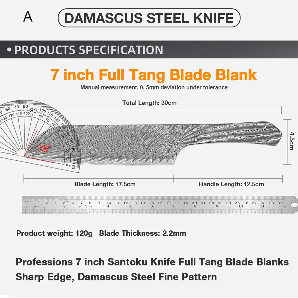 Damascus Steel Chef Knife Blank Blade Material Home Hobby Kitchen Craft DIY Tool