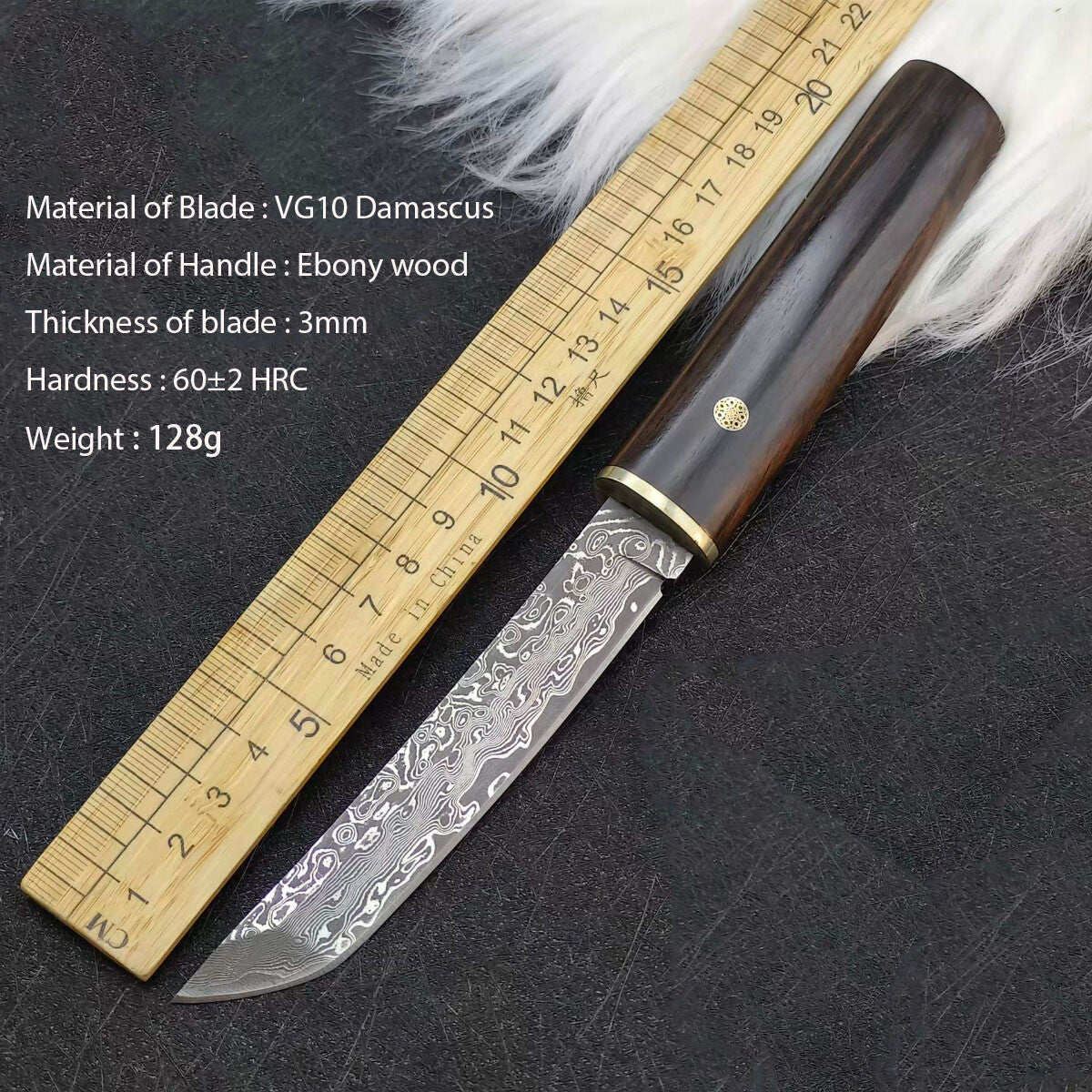 Damascus Outdoor Knife Ebony Handle Sharp Blade for Camping Hiking Camping, Hunting, Self-defense Tactics, Practical Survival