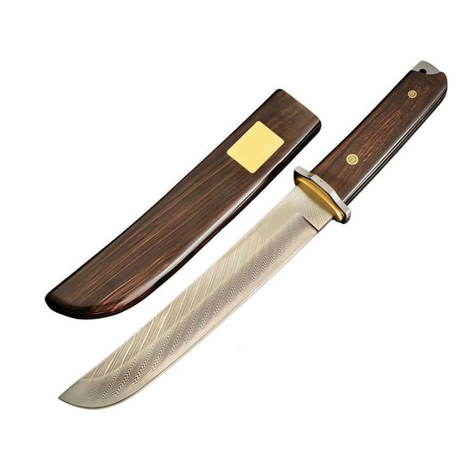 Damascus Steel Fixed Blade Camping Knife Wood Handle w/ Sheath Outdoor Survival