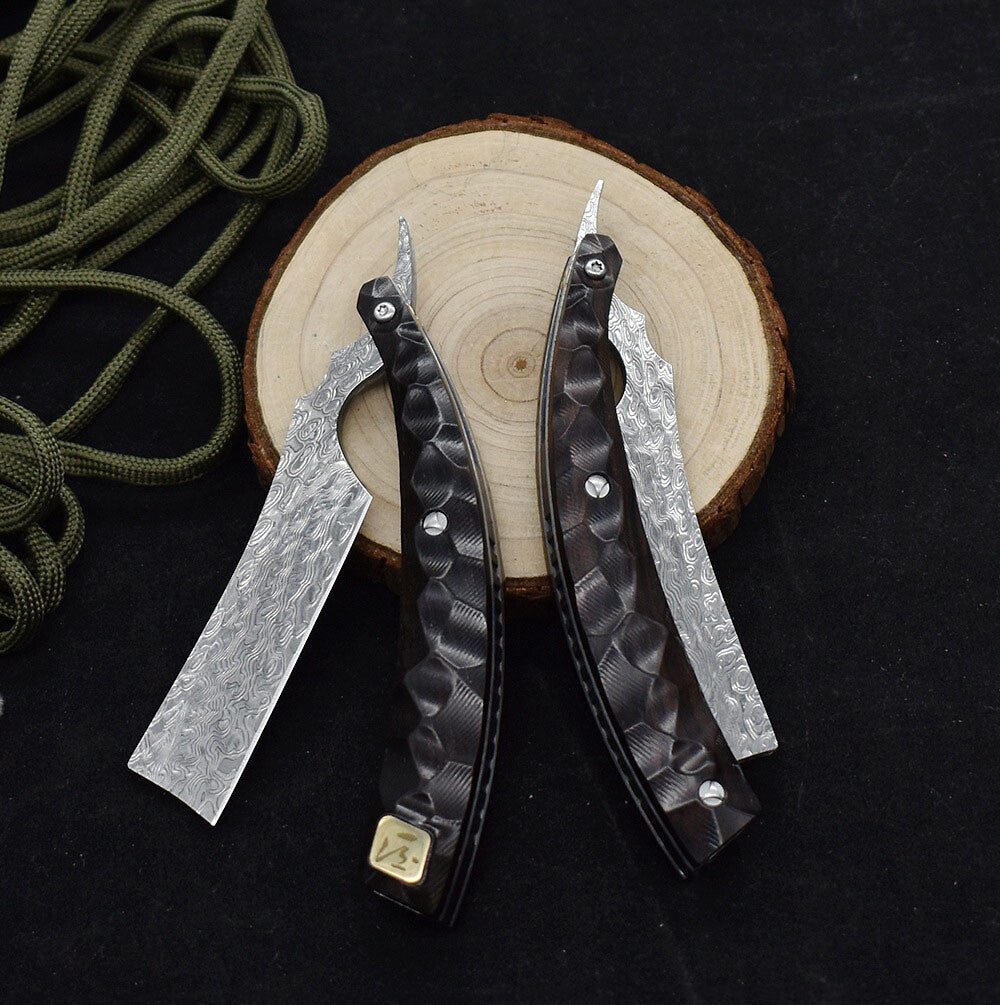 Damascus EDC Folding Knife Handmade Razor Sharp Pocket Shaver Ebony Wood Handle