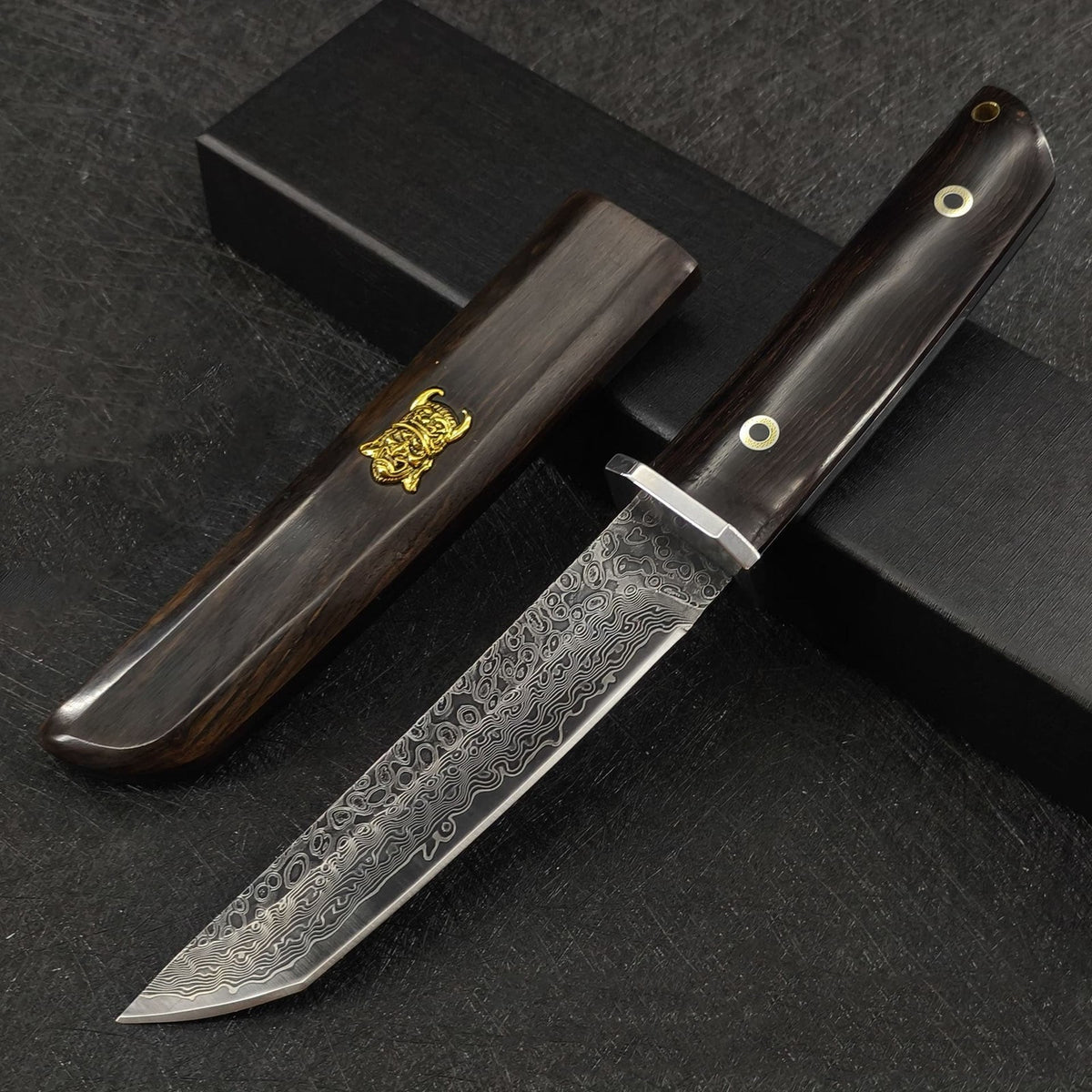 Damascus Ebony Fixed Blade Outdoor Survival Knife Samurai Sword w/ Demon Sheath