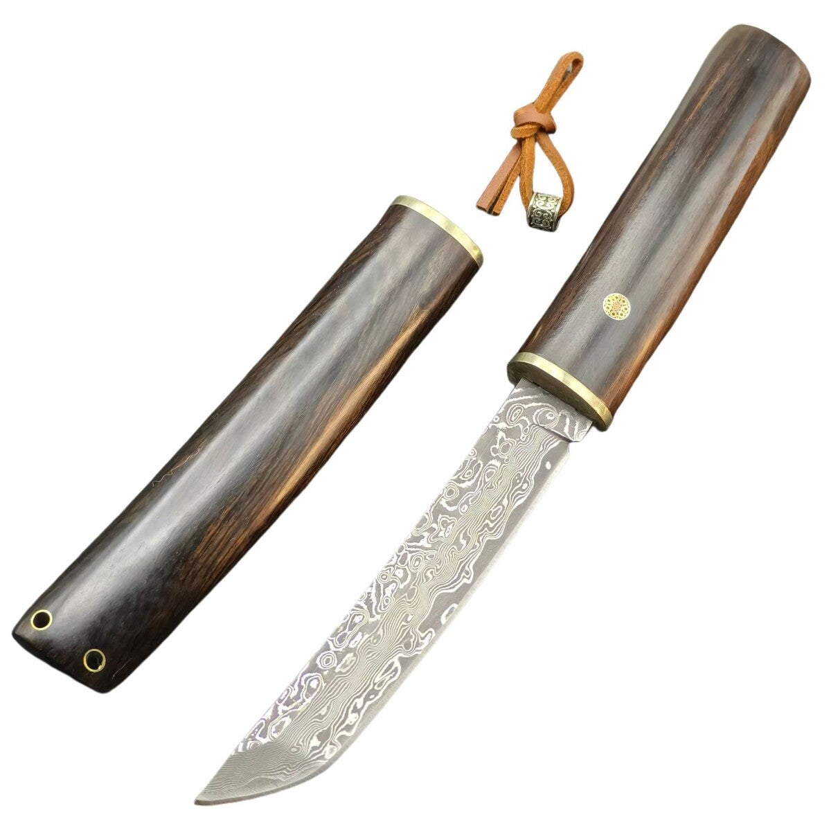Damascus Outdoor Knife Ebony Handle Sharp Blade for Camping Hiking Camping, Hunting, Self-defense Tactics, Practical Survival