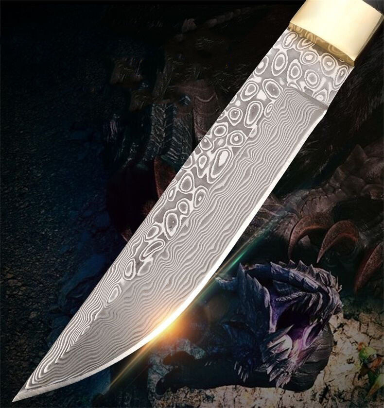 Damascus Steel Outdoor Knife Sandalwood Knife Sheath Kitchen Fruit Cutter Camping, Hunting, Self-defense Tactics, Practical Survival