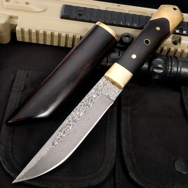 Damascus Steel Outdoor Knife Sandalwood Knife Sheath Kitchen Fruit Cutter Camping, Hunting, Self-defense Tactics, Practical Survival