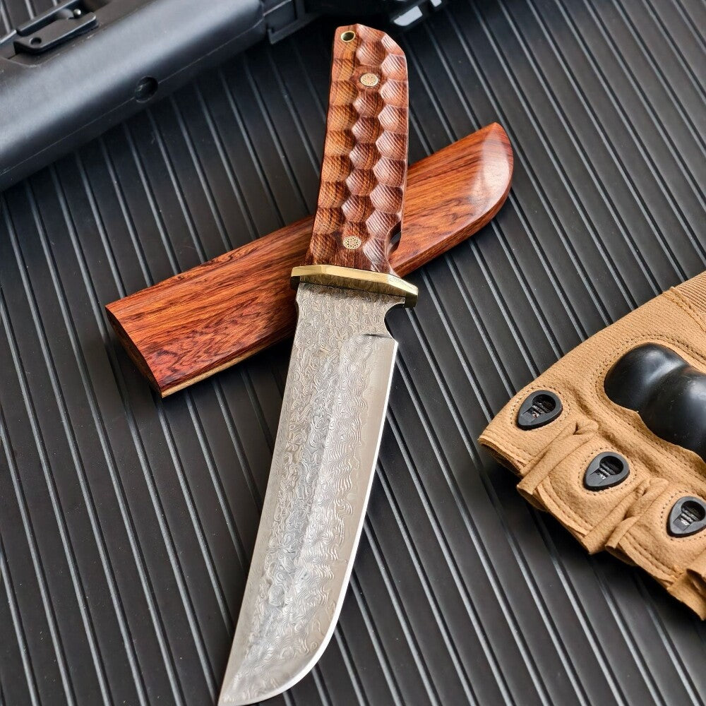 Hand Forged Damascus Outdoor Knife Japanese Samurai Survival Rosewood Handle Camping, Hunting, Self-defense Tactics, Practical Survival