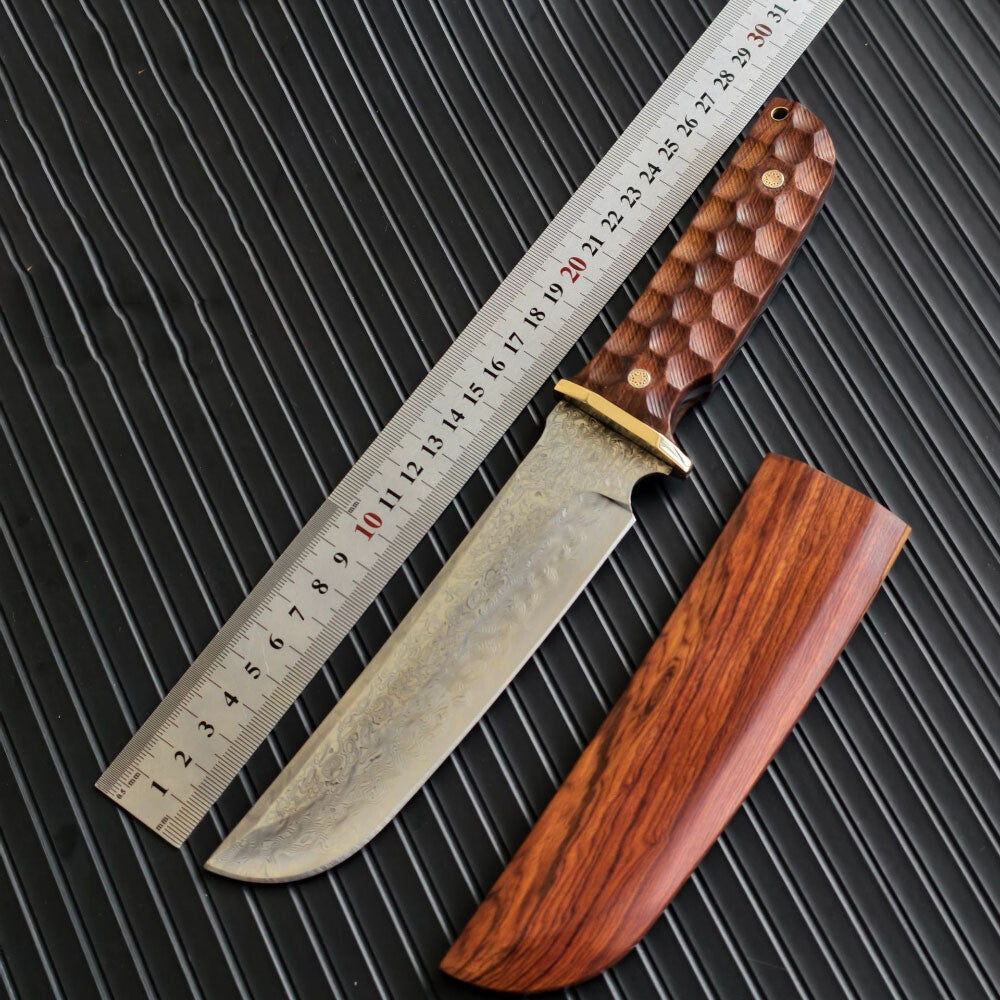 Hand Forged Damascus Outdoor Knife Japanese Samurai Survival Rosewood Handle Camping, Hunting, Self-defense Tactics, Practical Survival