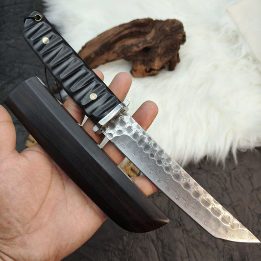 Forged Damascus Outdoor Fruit Knife Ebony Wood Handle Sheath Samurai Style EDC Camping, Hunting, Self-defense Tactics, Practical Survival