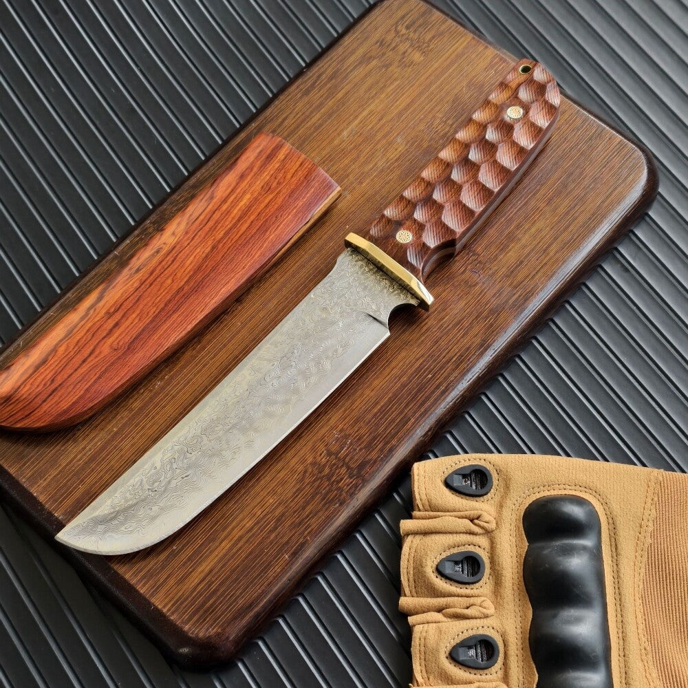 Hand Forged Damascus Outdoor Knife Japanese Samurai Survival Rosewood Handle Camping, Hunting, Self-defense Tactics, Practical Survival
