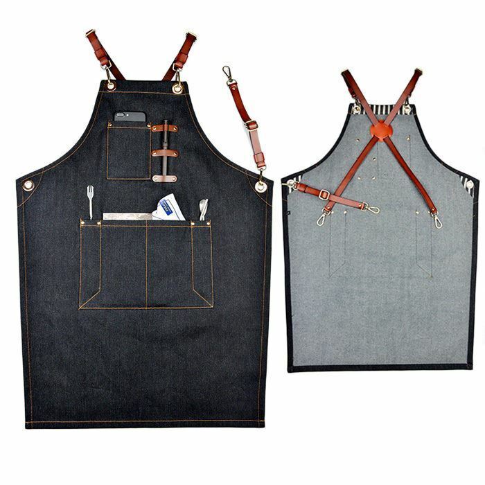 Denim Apron for Kitchen /Coffe Shop Studio Leather belt X Straps Custom Logo #B