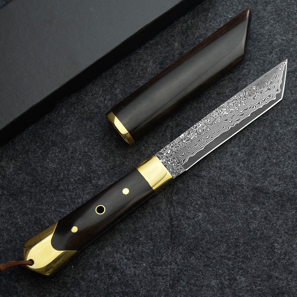 Damascus Steel Outdoor Knife Sandalwood Knife Sheath Kitchen Fruit Cutter Camping, Hunting, Self-defense Tactics, Practical Survival
