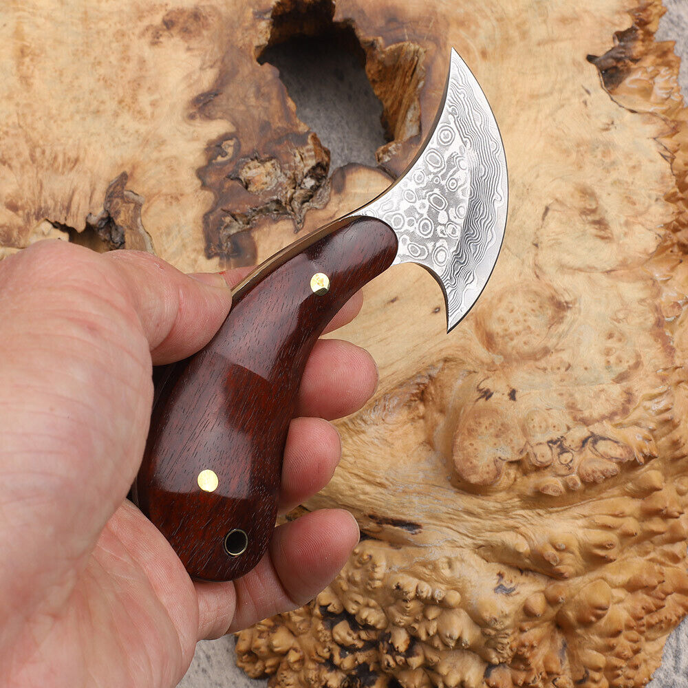 Kleines Damast-Messer mit rundem Kopf, Lederhandwerksschneider, Palisandergriff, EDC-Werkzeuge