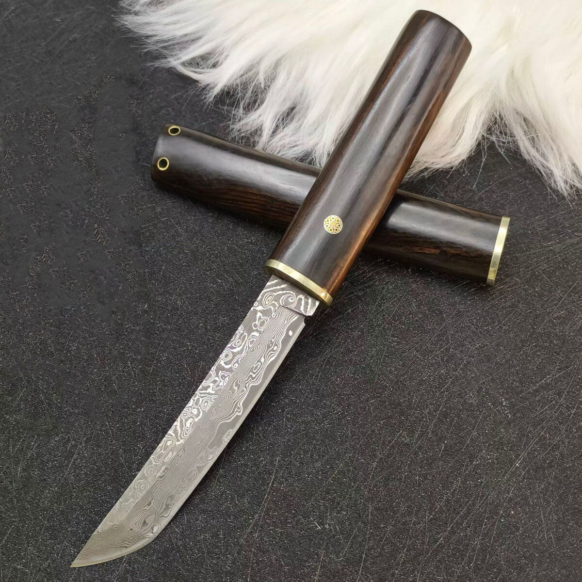 Damascus Outdoor Knife Ebony Handle Sharp Blade for Camping Hiking Camping, Hunting, Self-defense Tactics, Practical Survival