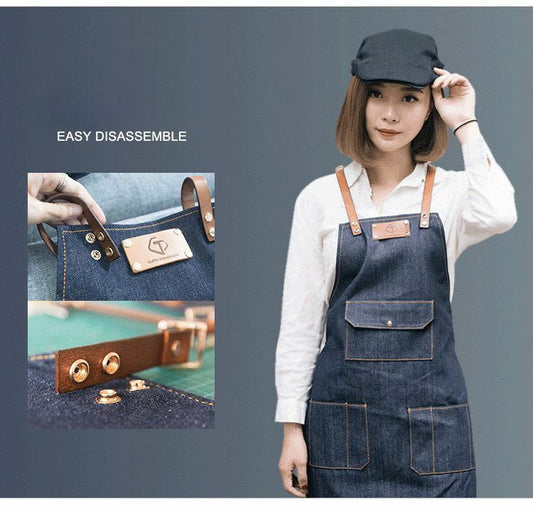 Jeans denim Apron For Kitchen / Coffe Shop Studio Leather Belt Cross Straps Logo