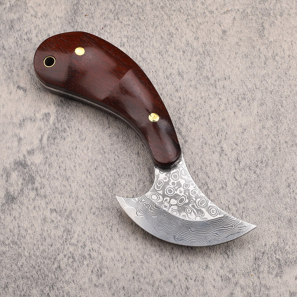 Kleines Damast-Messer mit rundem Kopf, Lederhandwerksschneider, Palisandergriff, EDC-Werkzeuge