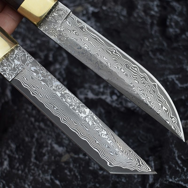 Damascus Steel Outdoor Knife Sandalwood Knife Sheath Kitchen Fruit Cutter Camping, Hunting, Self-defense Tactics, Practical Survival