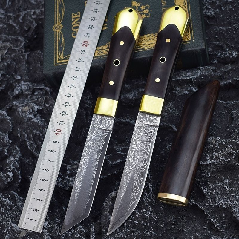 Damascus Steel Outdoor Knife Sandalwood Knife Sheath Kitchen Fruit Cutter Camping, Hunting, Self-defense Tactics, Practical Survival