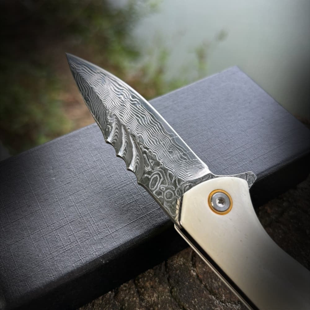 VG10 Damascus Folding Pocket Knife Bone Handle Outdoor Camping EDC Fruit Knife