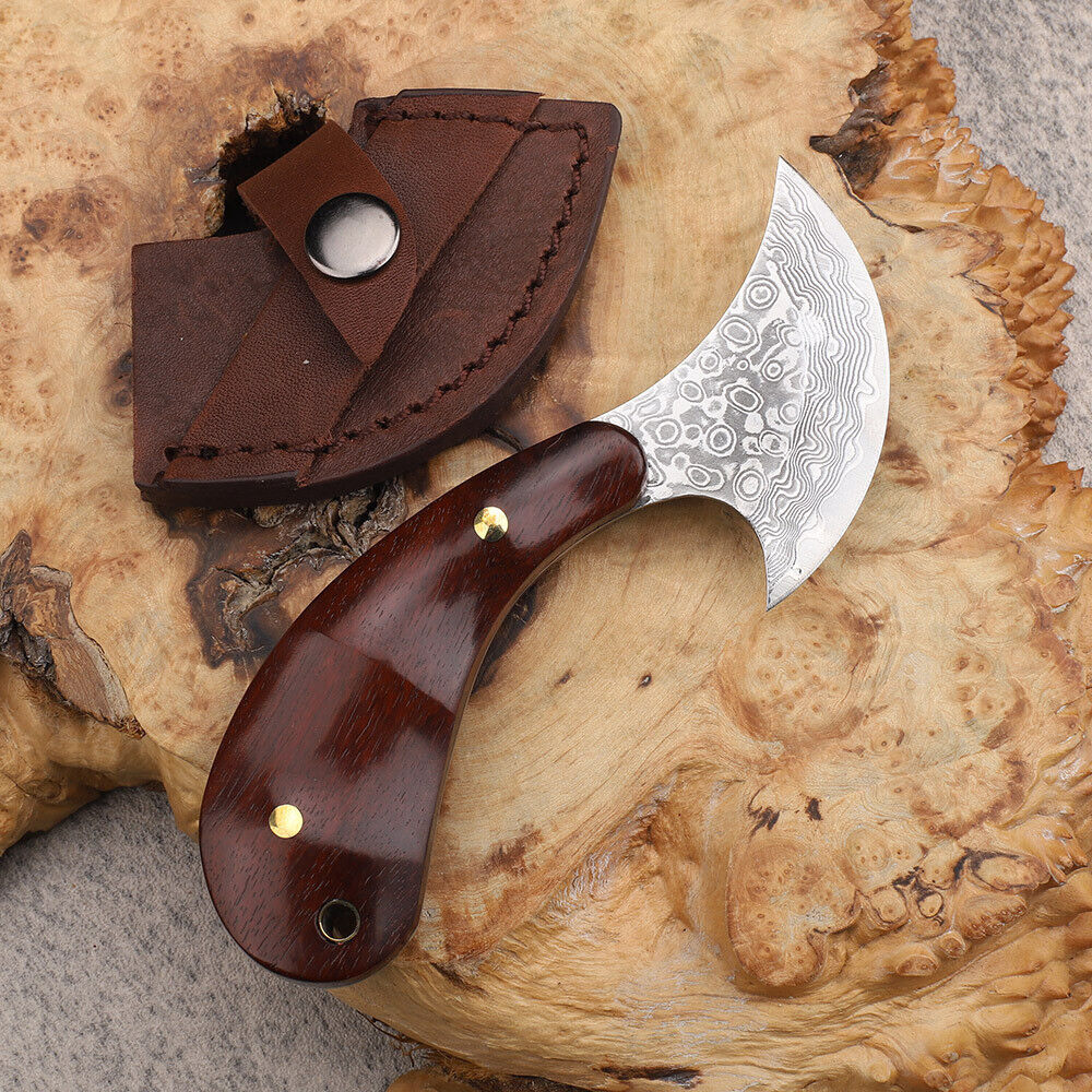 Kleines Damast-Messer mit rundem Kopf, Lederhandwerksschneider, Palisandergriff, EDC-Werkzeuge