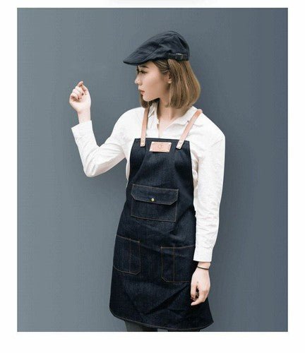 Jeans denim Apron For Kitchen / Coffe Shop Studio Leather Belt Cross Straps Logo