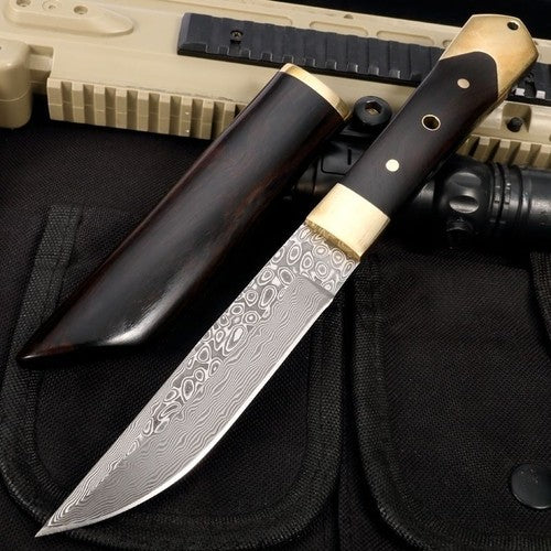 Damascus Steel Outdoor Knife Sandalwood Knife Sheath Kitchen Fruit Cutter Camping, Hunting, Self-defense Tactics, Practical Survival