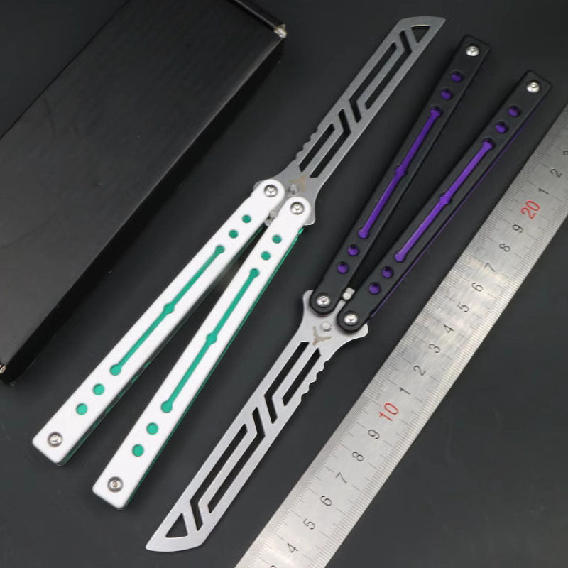 Steel Nautilus Trainer Balisong Butterfly Knife Glow-in-the-Dark Weights, Bushings & Screw Pivot, Unsharpened for Practice & Flipping