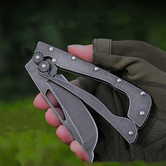 New Vintage Folding Camping Knife – Sharp High-Carbon Steel Blade with Blackened Stonewashed Finish, Portable Gear Design for Outdoor Survival and EDC