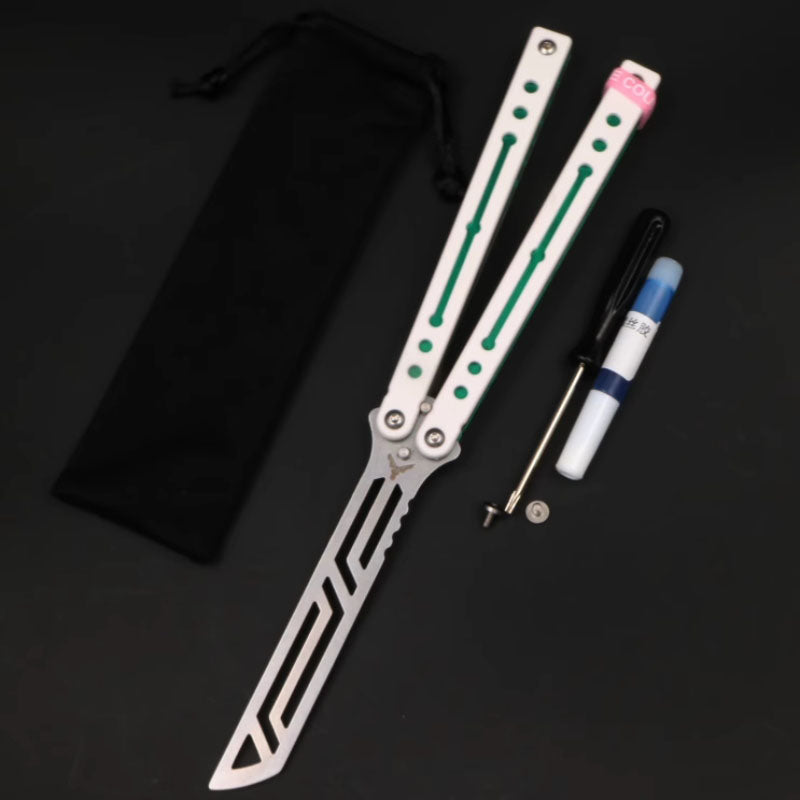 Steel Nautilus Trainer Balisong Butterfly Knife Glow-in-the-Dark Weights, Bushings & Screw Pivot, Unsharpened for Practice & Flipping