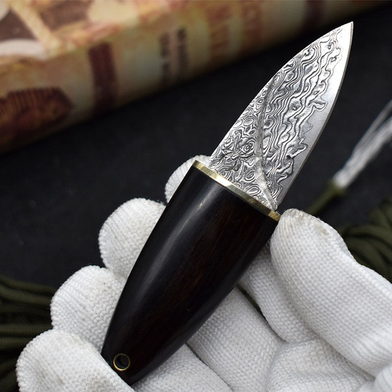Mini Damascus Fixed Blade Knife Olive Design Ebony Wood Handle Sheath EDC Outdoor Tool Samurai Style EDC Camping, Hunting, Self-defense Tactics, Practical Survival