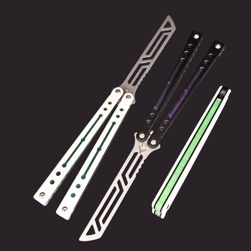 Steel Nautilus Trainer Balisong Butterfly Knife Glow-in-the-Dark Weights, Bushings & Screw Pivot, Unsharpened for Practice & Flipping
