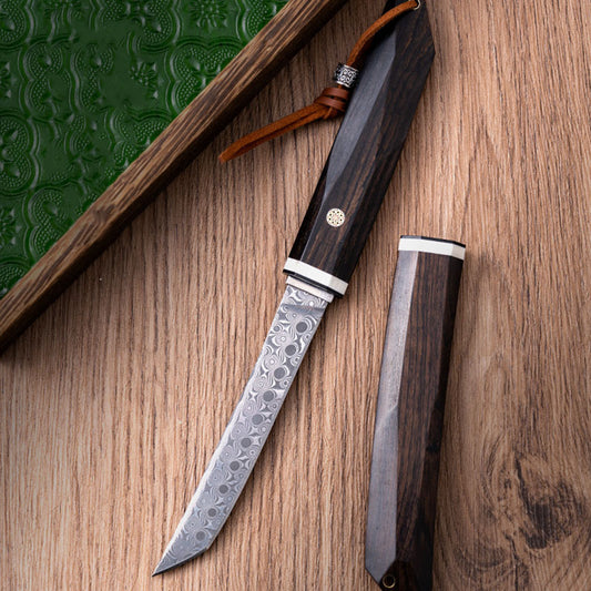 Hand Forged Damascus Knife Ebony Handle Small Outdoor Sharp Cutter EDC Camping, Hunting, Self-defense Tactics, Practical Survival