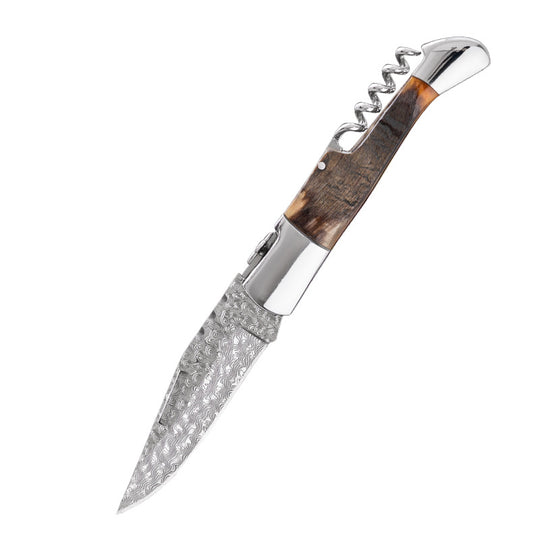 Damascus Goat Horn Handle Knife Pocket Outdoor Fruit Meat Cutter EDC Camping, Hunting, Self-defense Tactics, Practical Survival