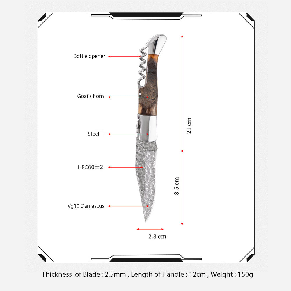 Damascus Goat Horn Handle Knife Pocket Outdoor Fruit Meat Cutter EDC Camping, Hunting, Self-defense Tactics, Practical Survival