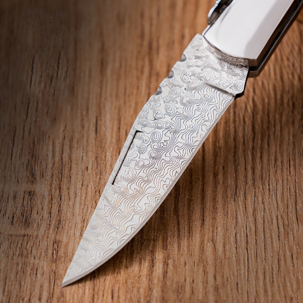 Damascus Goat Horn Handle Knife Pocket Outdoor Fruit Meat Cutter EDC Camping, Hunting, Self-defense Tactics, Practical Survival