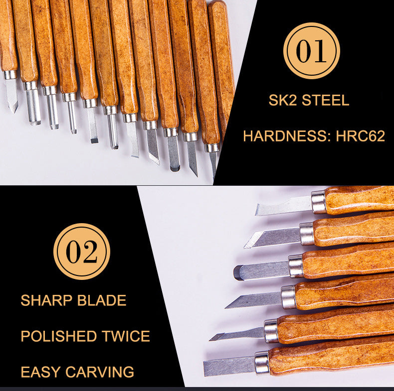 12pcs/Set Wood Carving Chisel turning SK2 Steel Tool Handles Woodworking Craft