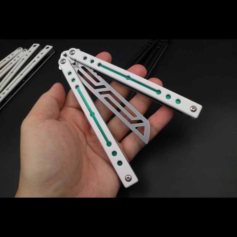 Steel Nautilus Trainer Balisong Butterfly Knife Glow-in-the-Dark Weights, Bushings & Screw Pivot, Unsharpened for Practice & Flipping