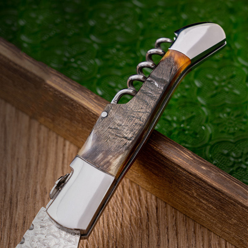 Damascus Goat Horn Handle Knife Pocket Outdoor Fruit Meat Cutter EDC Camping, Hunting, Self-defense Tactics, Practical Survival