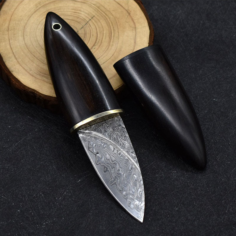 Mini Damascus Fixed Blade Knife Olive Design Ebony Wood Handle Sheath EDC Outdoor Tool Samurai Style EDC Camping, Hunting, Self-defense Tactics, Practical Survival