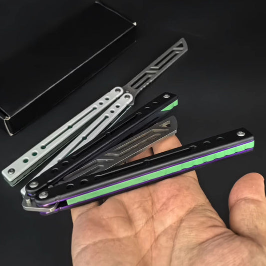 Steel Nautilus Trainer Balisong Butterfly Knife Glow-in-the-Dark Weights, Bushings & Screw Pivot, Unsharpened for Practice & Flipping
