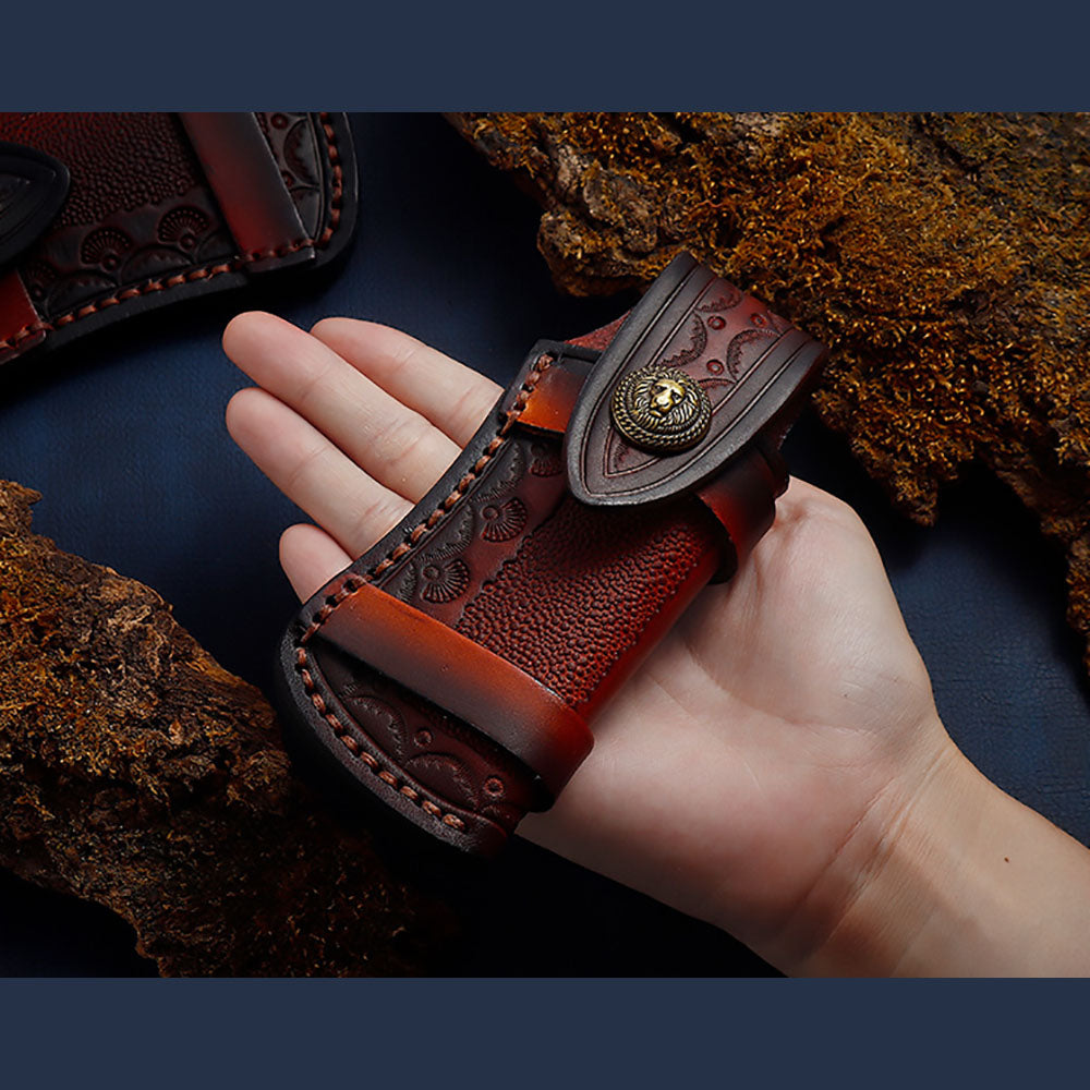 Hand Made Carved Leather Craft Sheath For Folding Knife Cover Pouch Belt Clip